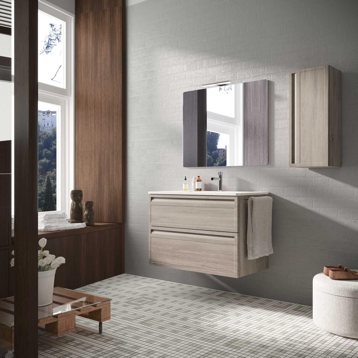 Mueble de baño 60 cm Venere de madera Crema con lavabo de cerámica y espejo  - Caesaroo